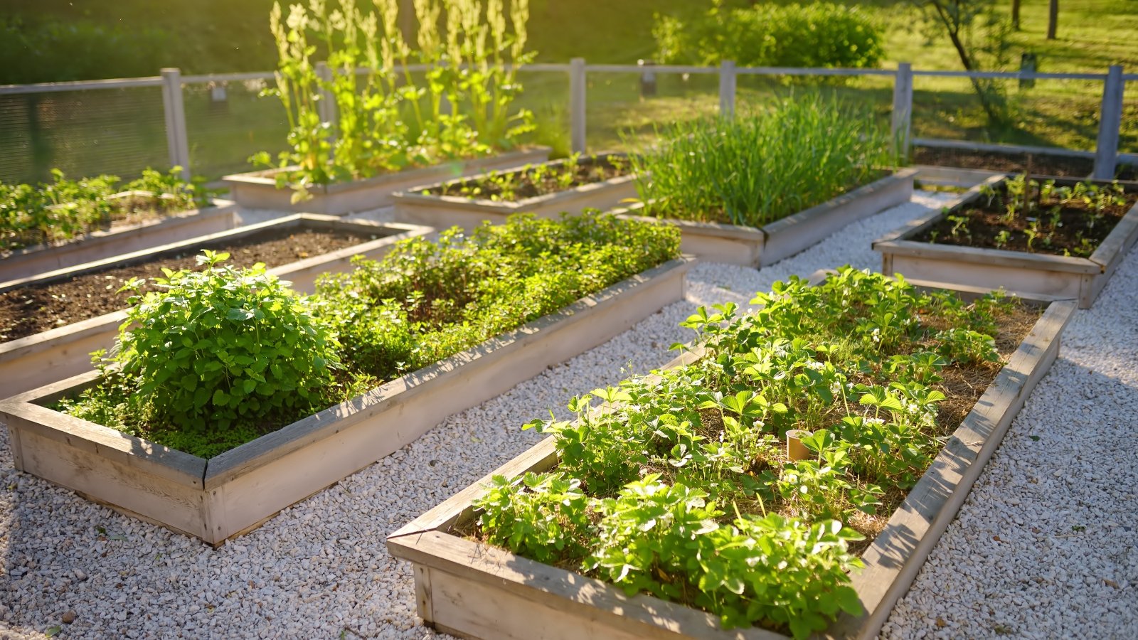 The community kitchen garden features wooden raised beds brimming with a diverse array of herbs and vegetables.