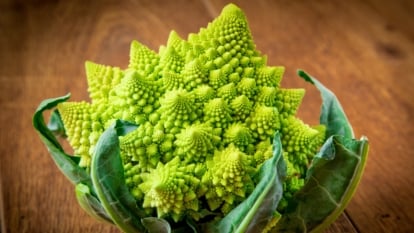 A bright green vegetable with a striking geometric pattern resting on a wooden surface, leaves attached.