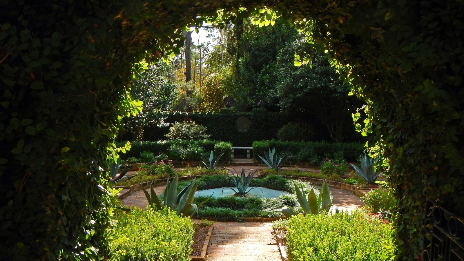View of the formal garden designed as a garden room with an entry through a manicured plant arch leading into a stunning space featuring growing agave plants and well-trimmed boxwood hedges surrounding stone paths.