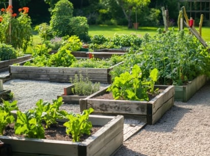 Summer garden with numerous wooden raised beds filled with flowering plants and vegetable plants, showcasing a lush arrangement to inspire how many raised beds need for planting variety.