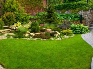 A vibrant green lawn framed by neatly arranged shrubs and flowers, bordered by a stone path leading to a cozy corner surrounded by dense greenery.