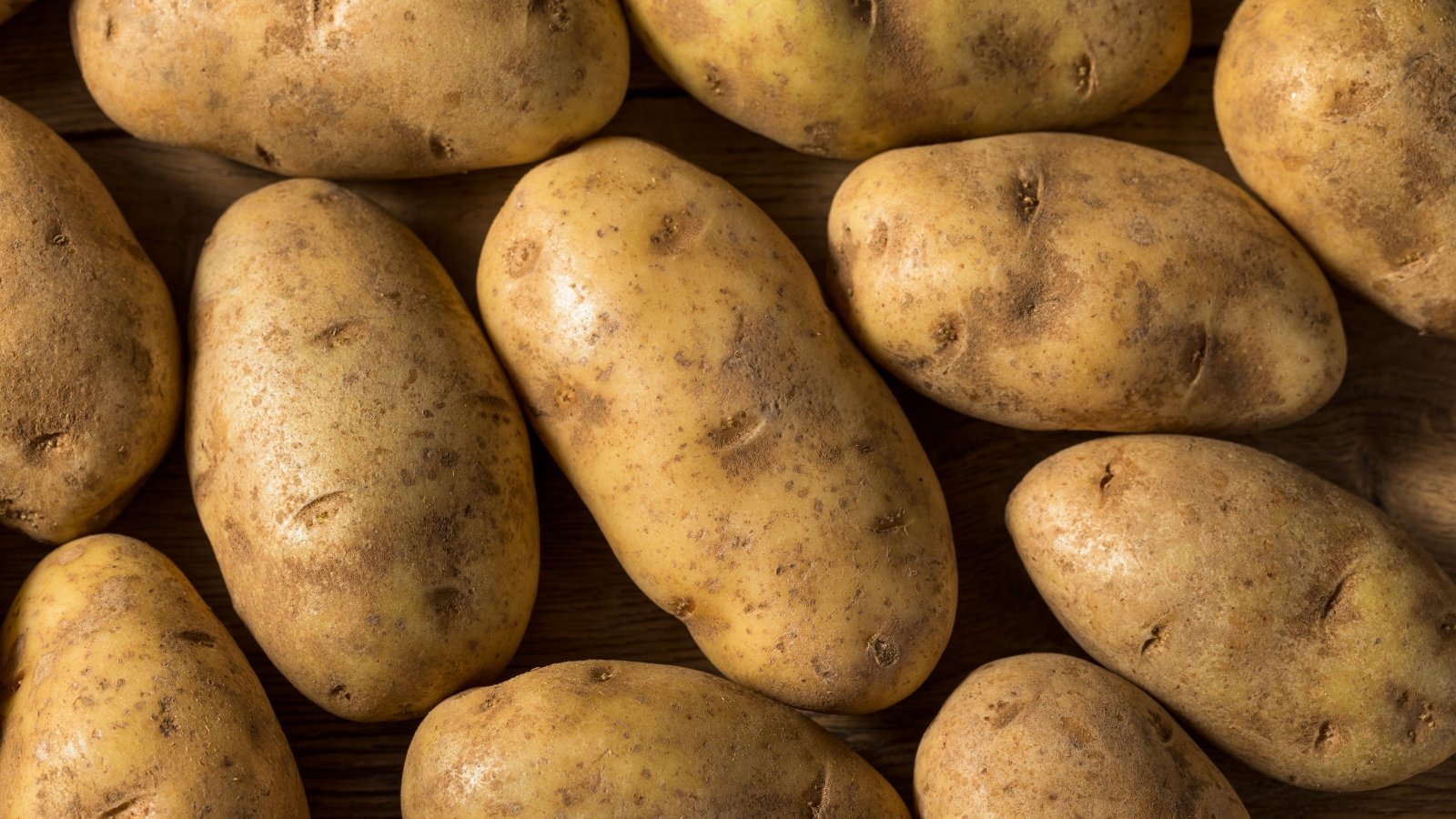 A cluster of Norkotah potatoes, their russet skins speckled with earthy hues, resting on a wooden table. Each tuber boasts a robust form, promising hearty meals and comforting dishes.