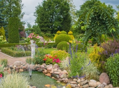 A curved pond is surrounded by clusters of Rudbeckia hirta with bright yellow petals, Echinacea purpurea with purple daisy-like flowers, and Miscanthus sinensis grasses with feathery plumes.