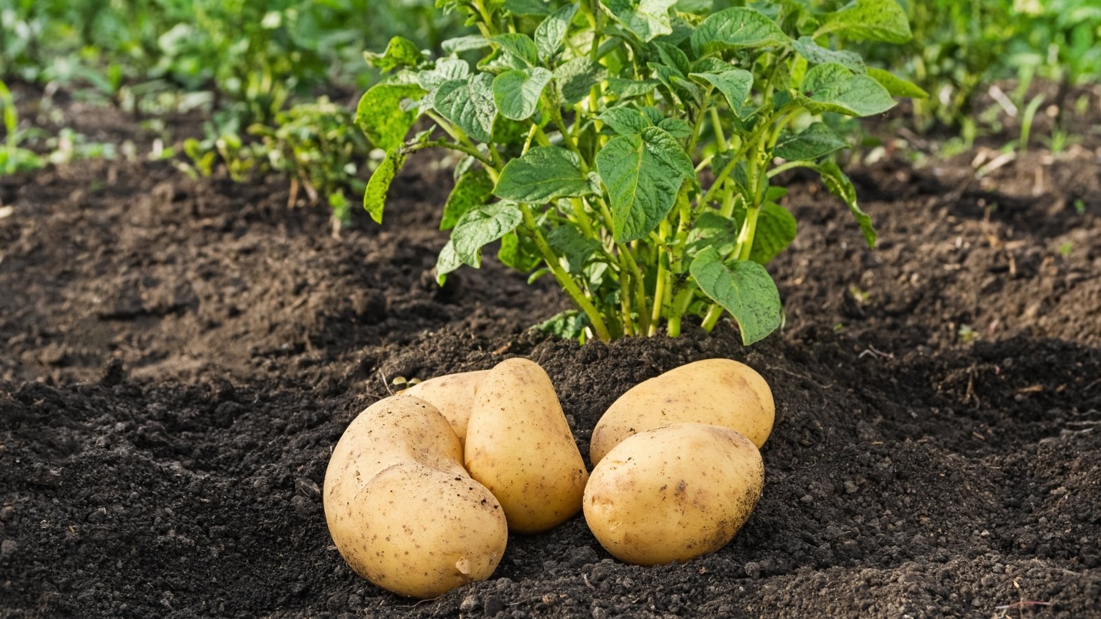 Yellow Finn potatoes rest on rich, dark soil, contrasting vividly against the earth. In the backdrop, lush green plants provide a vivid setting, hinting at the natural bounty of the harvest season.