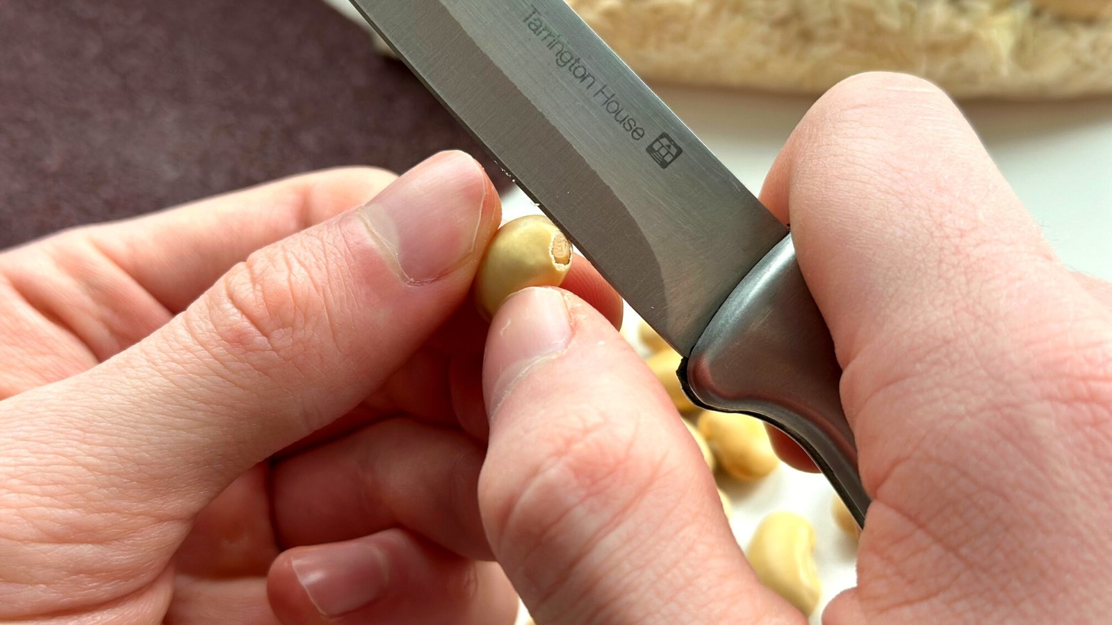 Close-up of a man's hands scarifying a bean seed with a knife on a blurred background. The bean seed is oval-shaped, hard, in a glossy cream-colored shell.