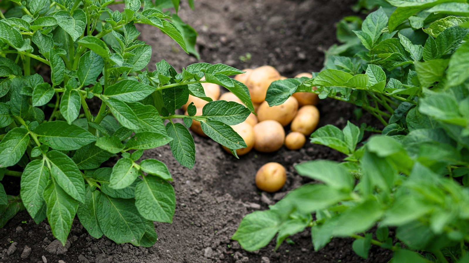Bushy green foliage with deeply lobed leaves grows on spreading stems, while freshly picked rough-skinned tubers lie nearby on the soil.