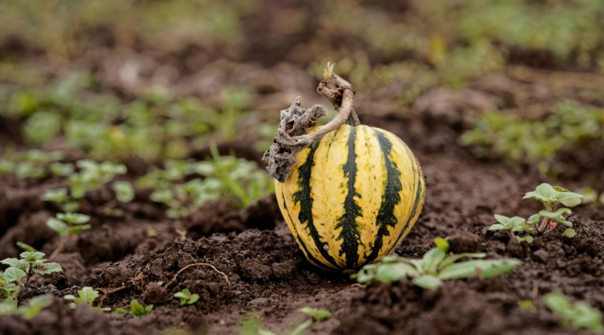 Close up of a round yellow squash with deep green stripes growing vertically resting on moist dark brown soil with weeds emerging from the surface.
